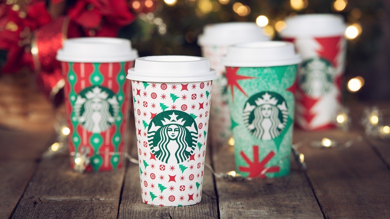 Five Starbucks holiday cups