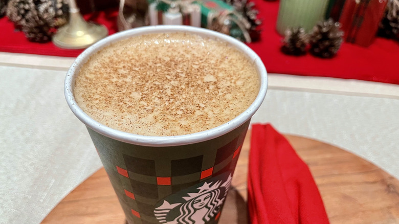 A closeup shot of the new Eggnog Latte on the Starbucks Holiday menu