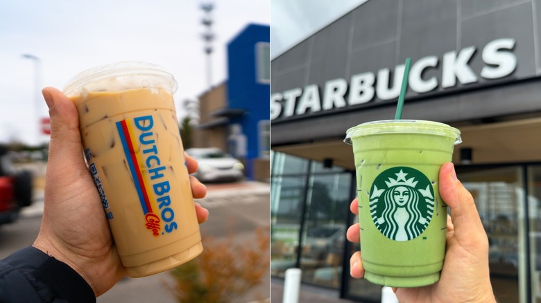 Dutch Bros iced coffee (left) and Starbucks iced matcha (right)