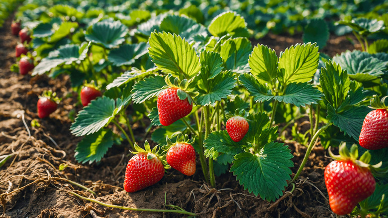 Strawberry plants in rows.