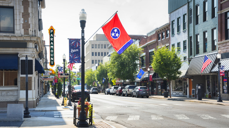 Streetscape with flags waving in Bristol, Tennessee