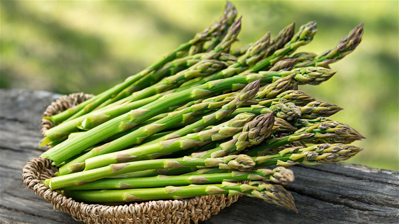 bundle of fresh asparagus in basket
