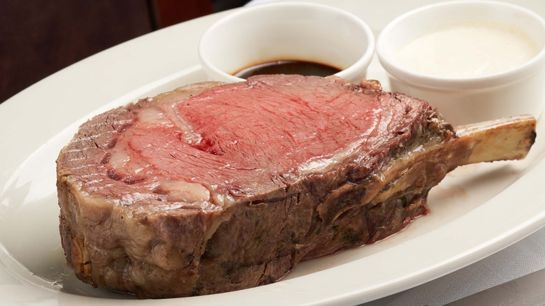 Thick prime rib with sauces