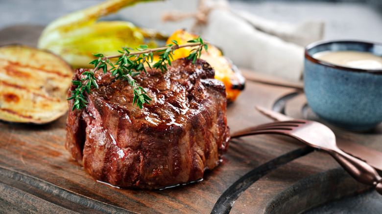 Steak on a plate with garnish