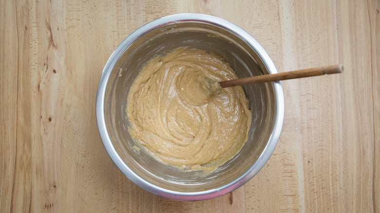 cake batter in mixing bowl