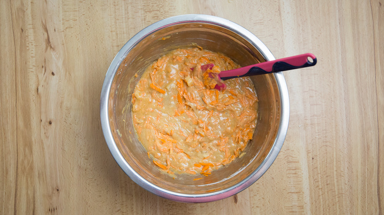 carrot cake batter in mixing bowl