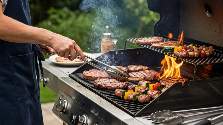 Grilling meat on a barbecue outdoors