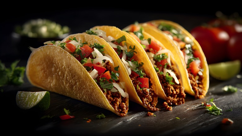 Various tacos on cutting board