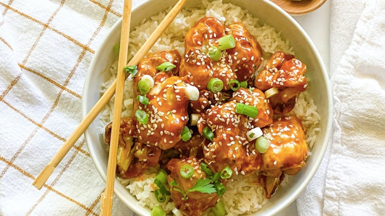 sticky sesame cauliflower on rice