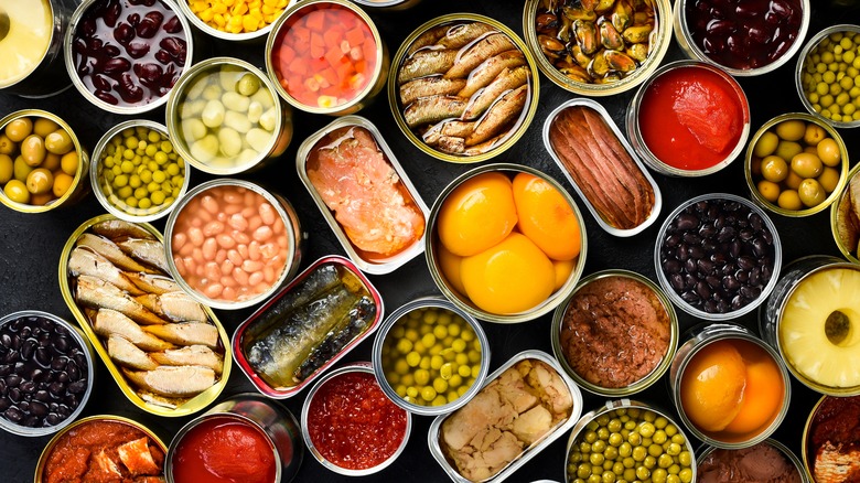 array of canned food items