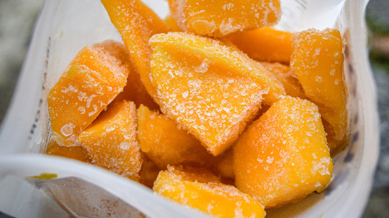 bag with frozen mango chunks