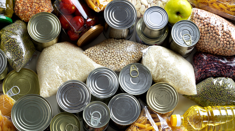 Bags of grains, pasta and cans