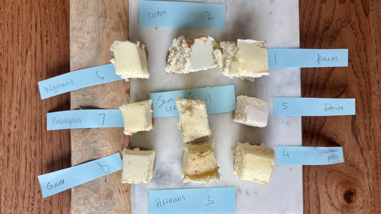 bites of different cheesecake squares on a plate