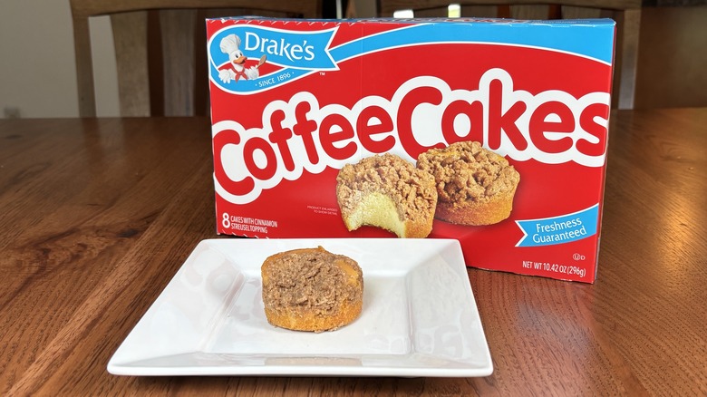 Drakes coffee cake on a plate in front of box