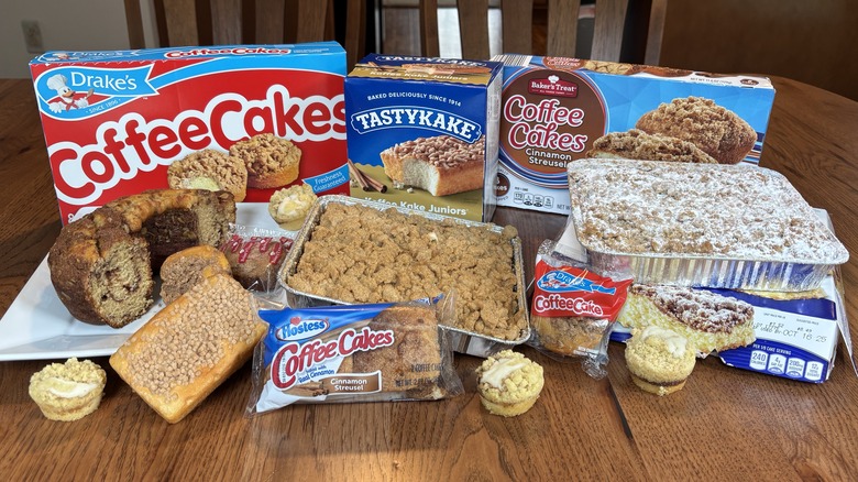 multiple coffee cakes displayed on tabletop
