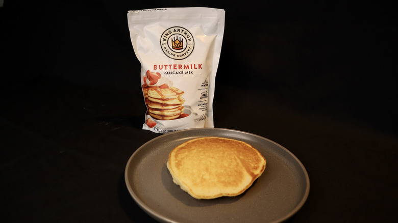 pancake on plate in front of King Arthur bag
