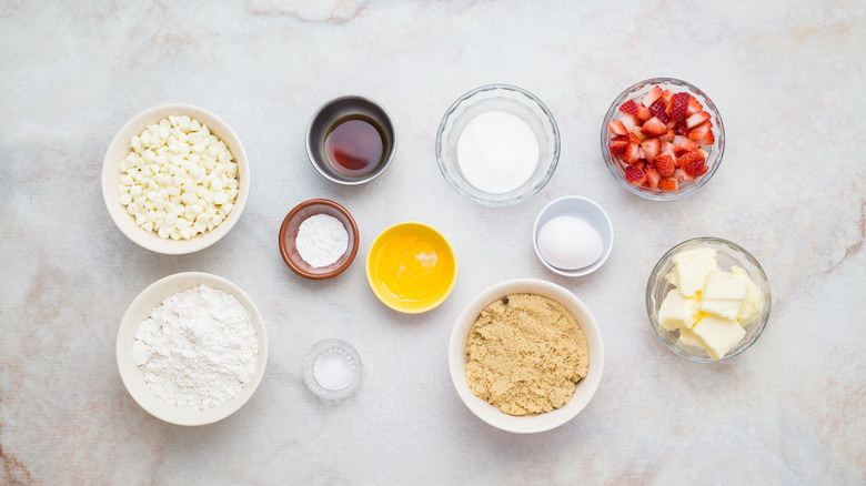 strawberry white chocolate blondie ingredients on table