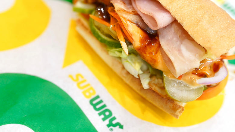 Subway sandwich on Subway wrapper