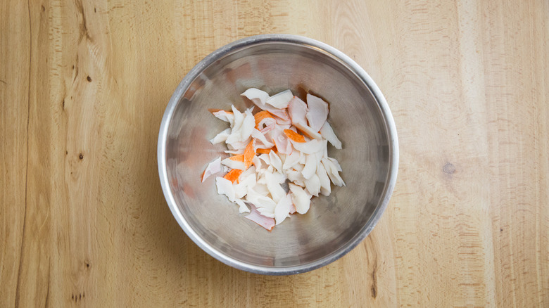 imitation crab meat in bowl