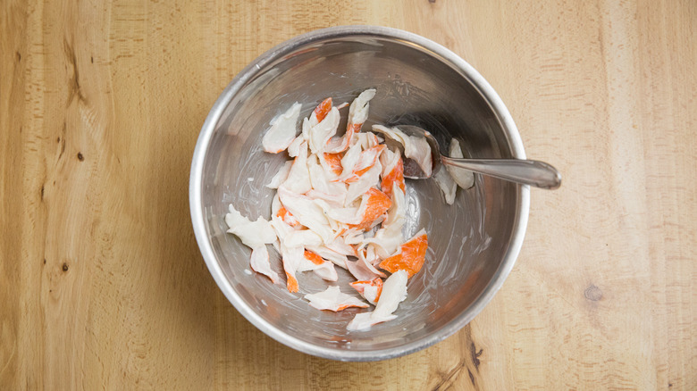 seafood salad in metal bowl