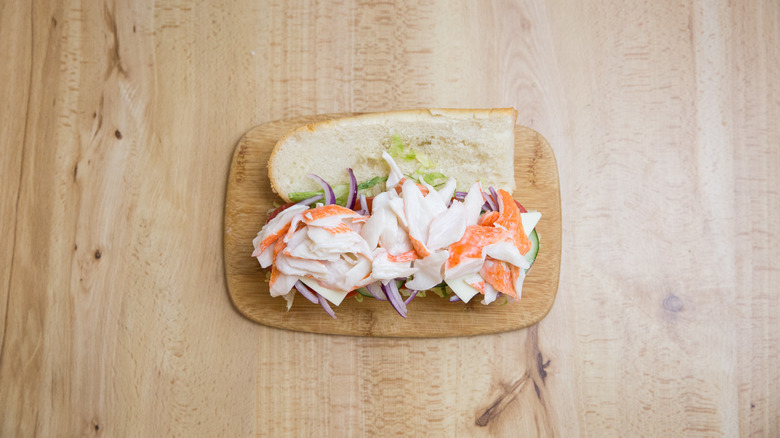 seafood sub on cutting board