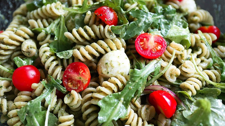 close-up pesto pasta salad