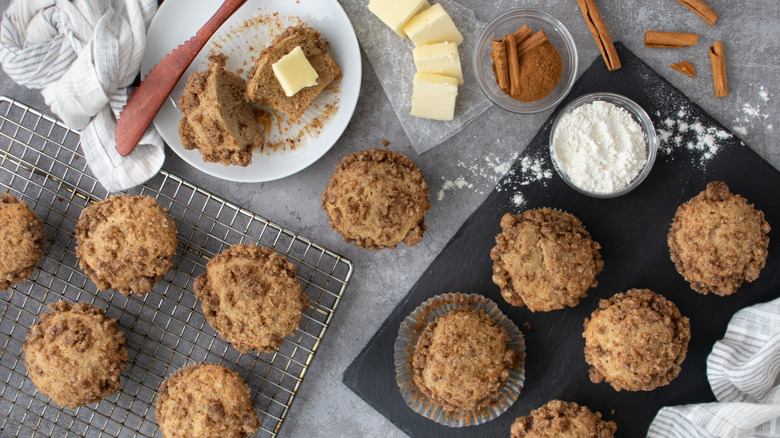 snickerdoodle cinnamon muffins from above with butter