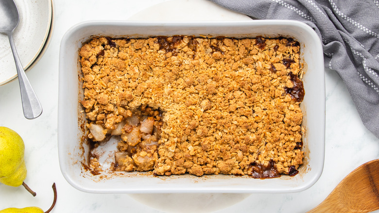 Pear crisp in a baking dish