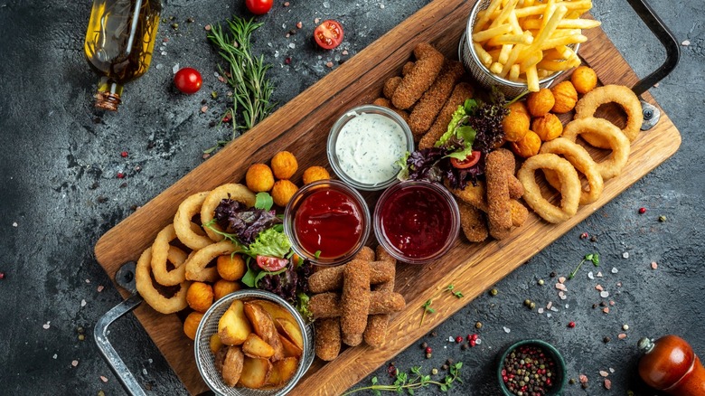 long tray of fried appetizers