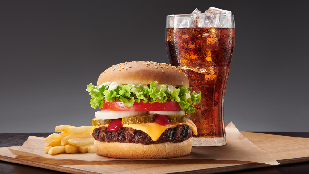 Burger, fries, and fountain soda