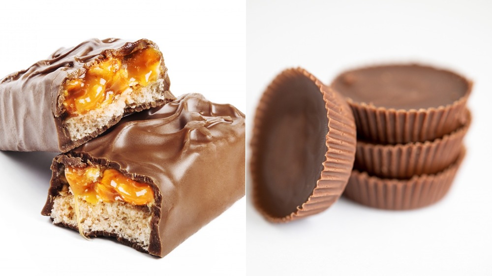 split shot snickers on left reese's cups on right in a stack