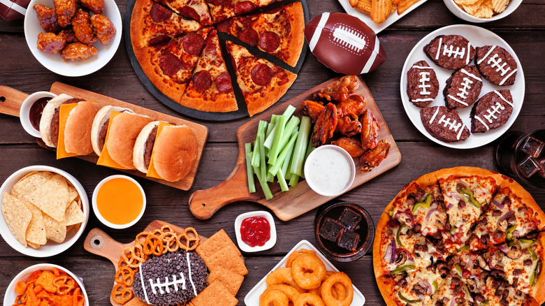 overhead view of snacks for football game or other sporting event
