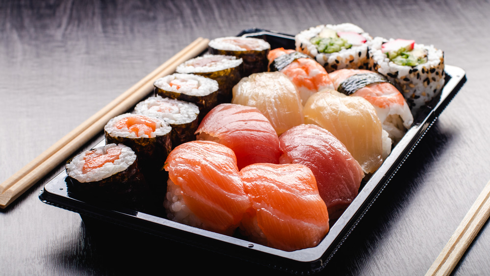 A box of different sushi rolls