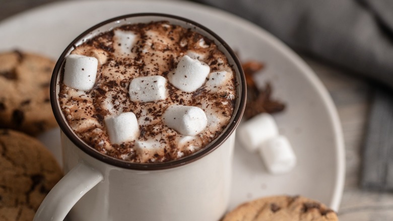 Mug of cocoa on plate