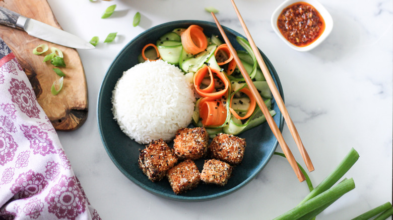 breaded salmon chunks with rice