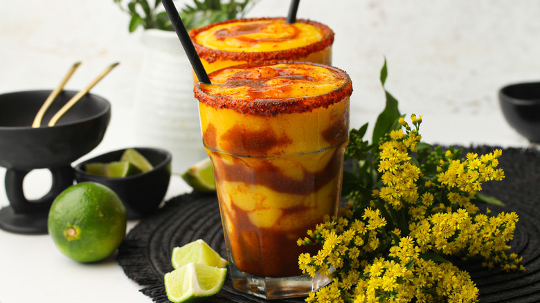 mangonada drink with yellow flowers