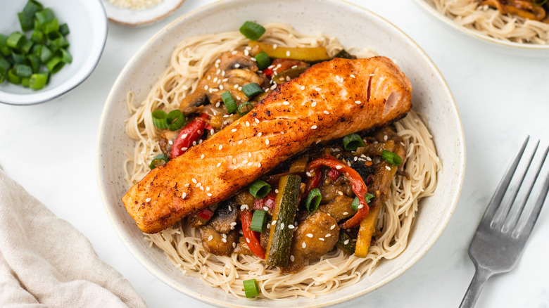 Salmon stir-fry in bowl