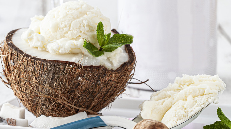 Coconut ice cream in a coconut shell