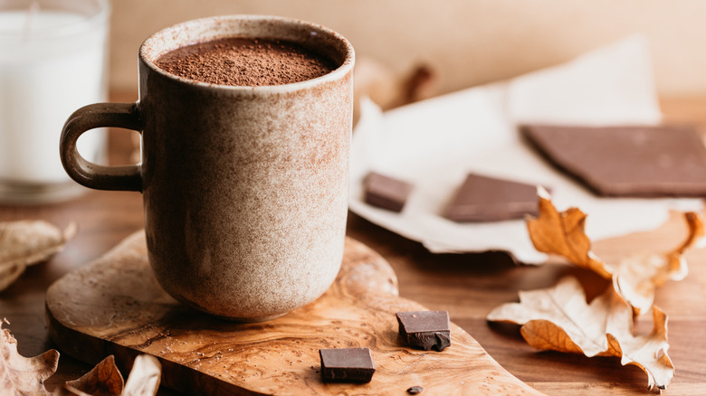 Mug of hot chocolate alongside fallen leaves