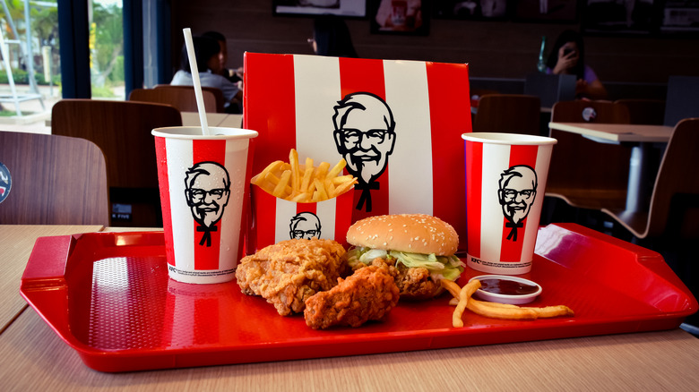 Close up of KFC meal with chicken, fries and drink