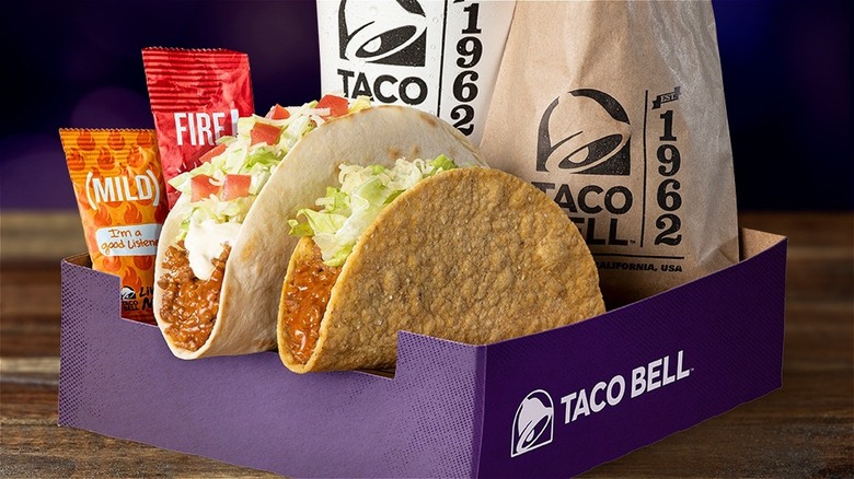 Taco Bell Taster Box with tacos, fries, soda