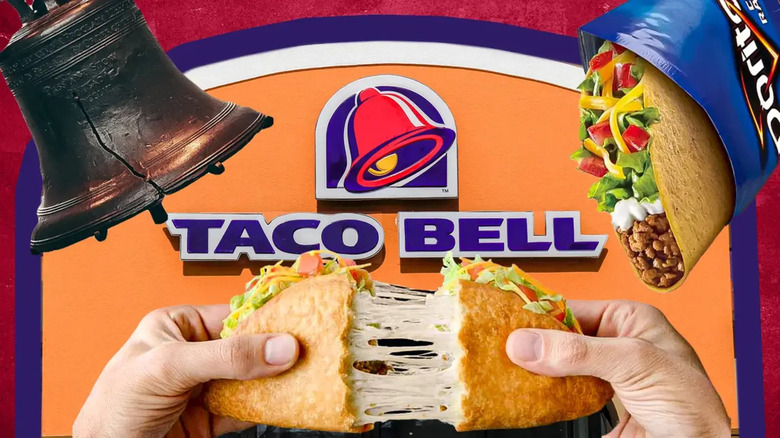 Various Taco Bell imagery over logo