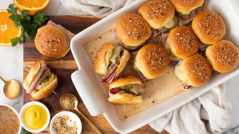 Mojo pork sliders in casserole dish