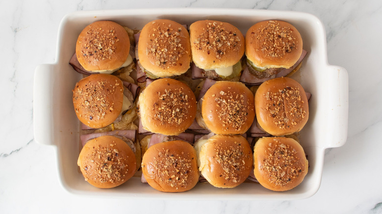 Baked Cuban sliders in baking dish
