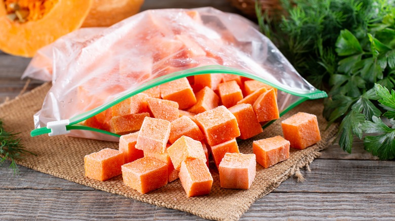 Pumpkin ice cubes in a bag