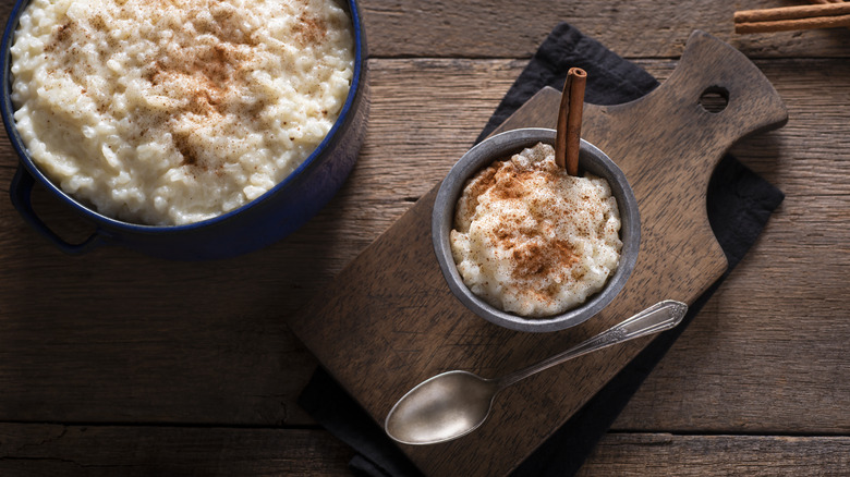 pot and bowl of rice pudding