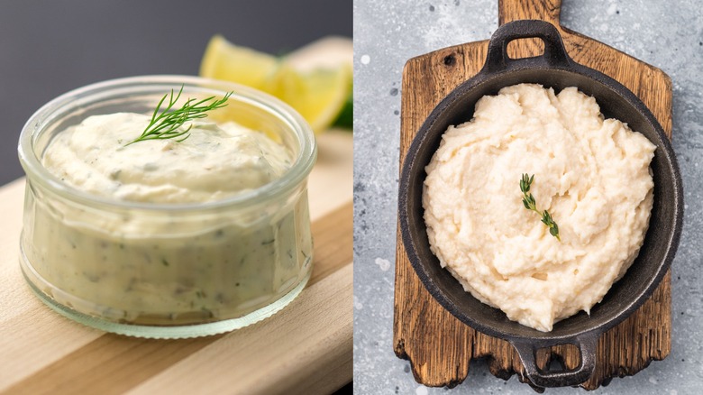 Tartar sauce and horseradish sauce in a split-screen image