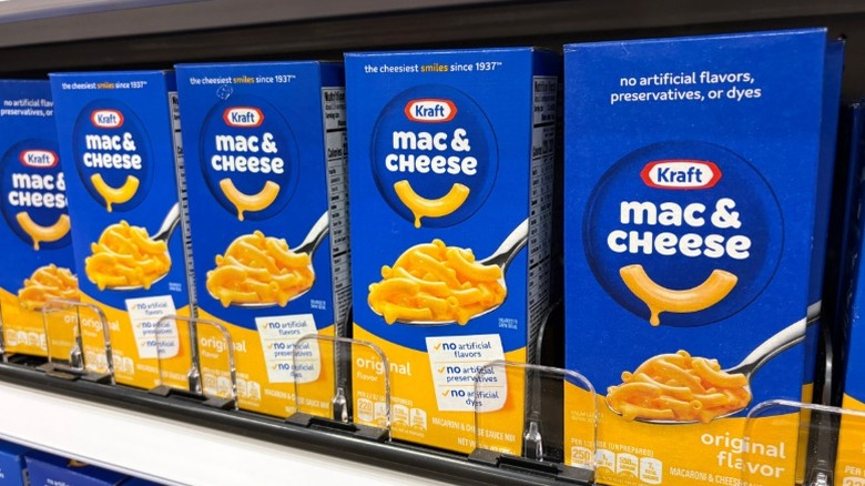 Boxes of Kraft mac and cheese on a store shelf