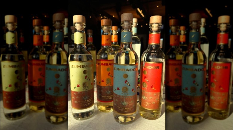 A bottle of Zumbador tequila blanco among three other varieties.