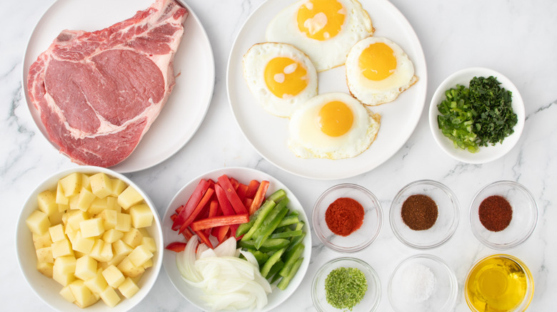 ingredients for tex-mex steak and eggs dish
